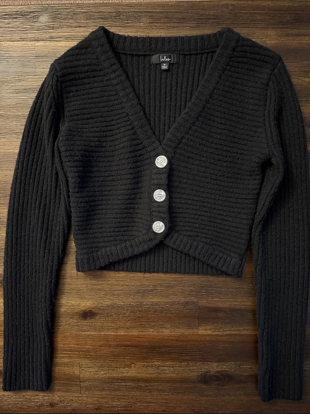 Lulus Sweetest You Black Ribbed Knit Button-Up Shrug Sweater Medium
